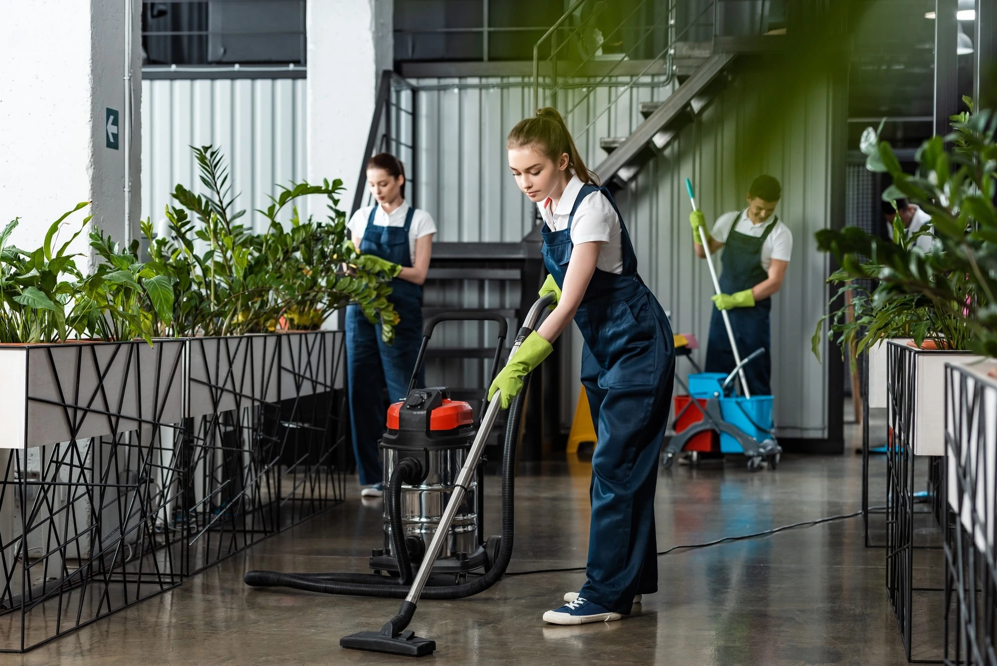 A Group of People cleaning inside the building